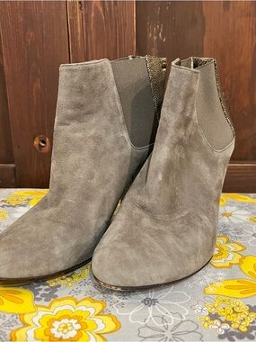Lanvin Gray Suede Ankle Booties with Textured Heel Detail